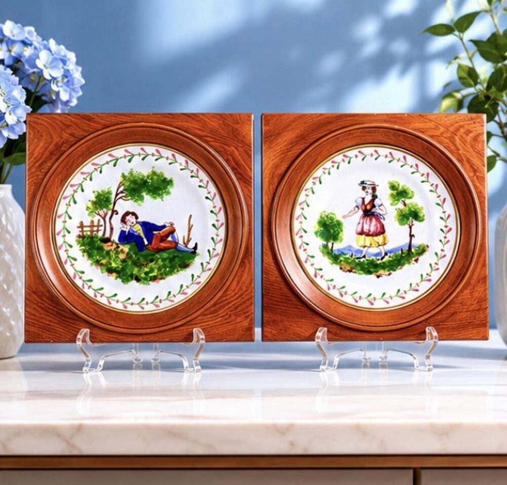 VTG Italian Faience Majolica Plate Set Hand Painted Peasant Boy Girl Wood Framed